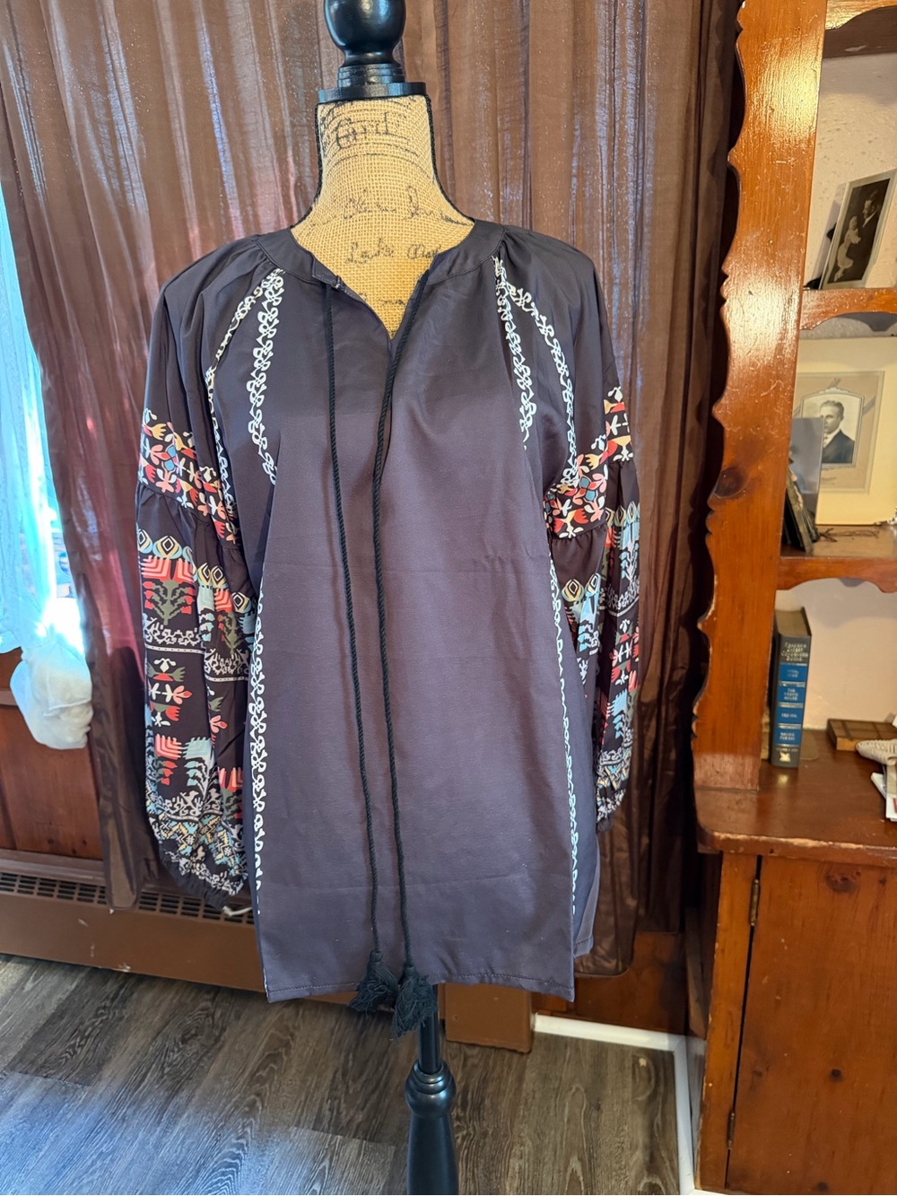 Embroidered Long-Sleeve Men’s Shirt in Dark Brown with Patterned Sleeves